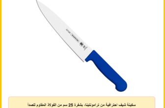 سكينة شيف احترافية من ترامونتينا، بشفرة 25 سم من الفولاذ المقاوم للصدأ عالي الكربون، حادة للغاية، ومقبض مريح من البولي بروبلين الأزرق، لتقطيع اللحوم والخضروات في إعدادات المطبخ المختلفة.