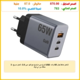 شاحن حائط جان 65 وات، USB نوع سي مزدوج مع كيو سي 3.0، شحن سريع، 3 منافذ من اي لوك